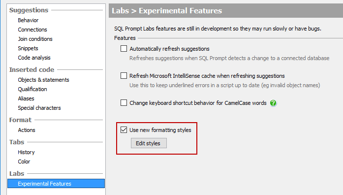 SQL Prompt formatting styles 4