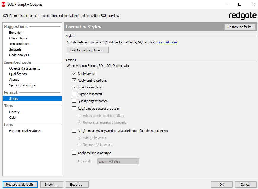 SQL Prompt formatting styles 5