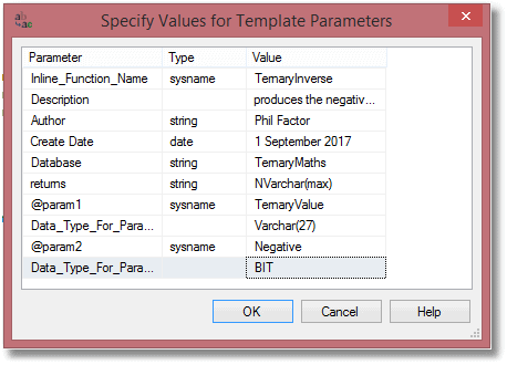 Fill in SSMS template parameter values 