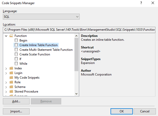 SSMS code snippet manager