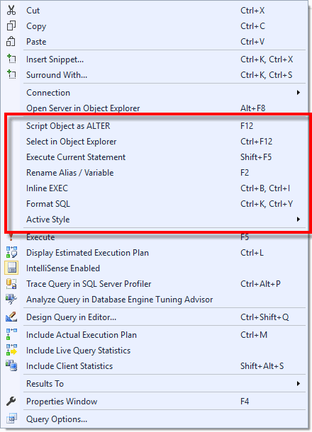 SQL Prompt right-click context menu