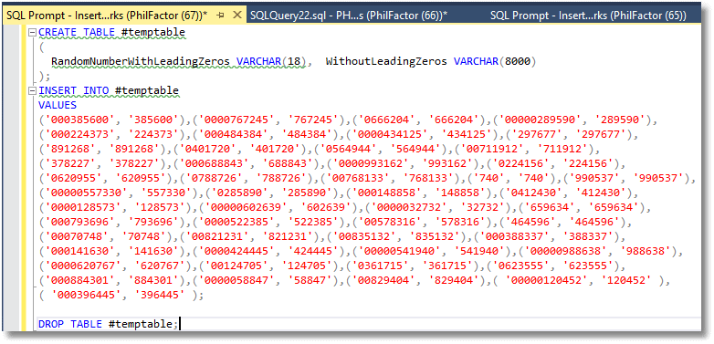 The multi-row VALUES expression generated by SQL Prompt