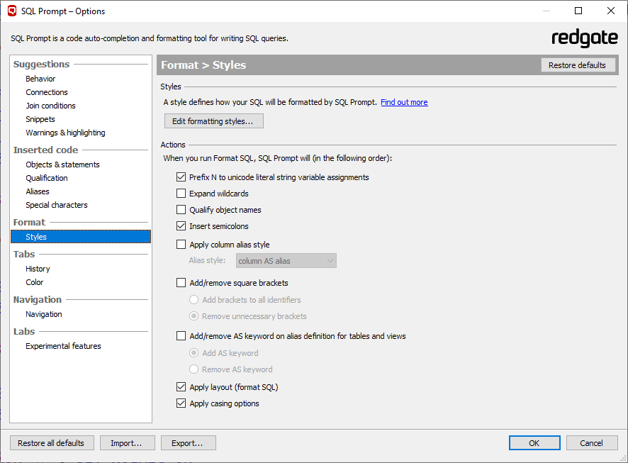 SQL formatting actions