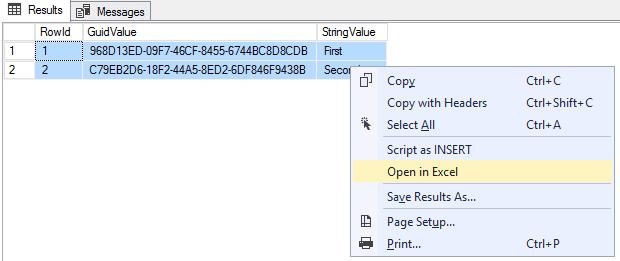 Exporting SSMS query results to Excel