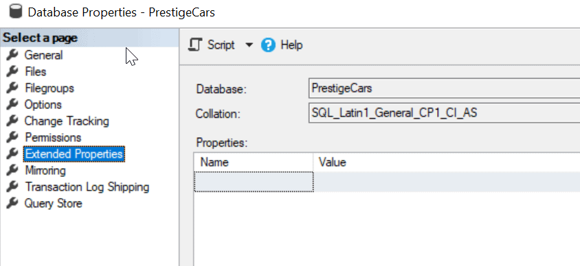 viewing database extended properties in SSMS