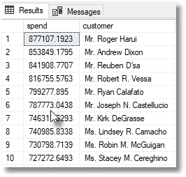 results from a top 10 with ties query