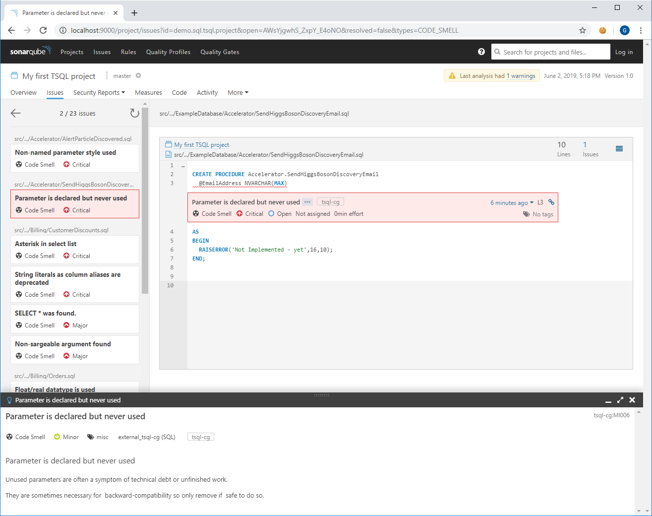 SonarQube reporting violations of SQL code analysis rules, as defined by SQL Code Guard.