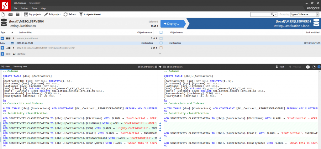 Synchronizing SQL Server data sensitivity classifications with SQL Compare