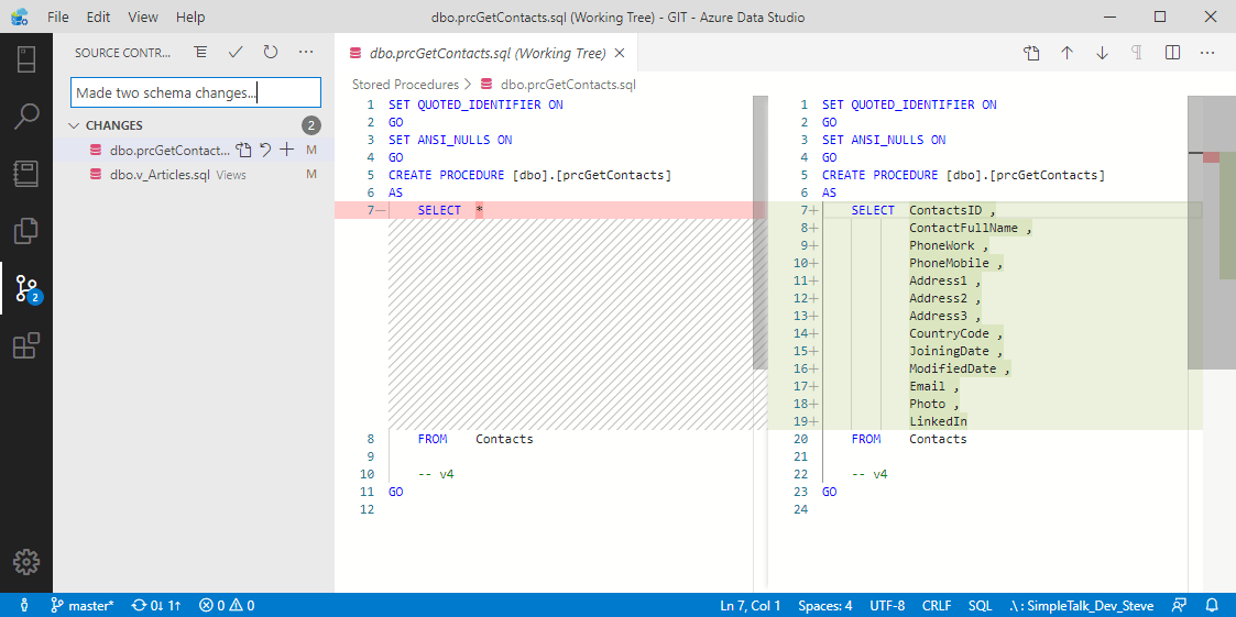 Committing database changes to Git in ADS
