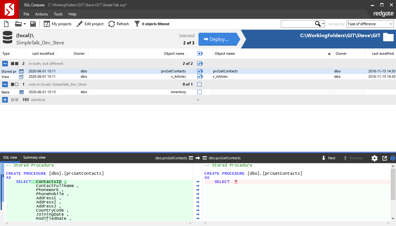 detecting data schema changes to commit to source control