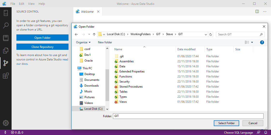 Opening Git in Azure Data Studio