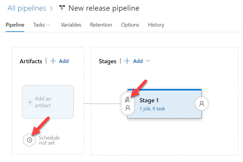 Image of a classic release pipeline in Azure DevOps. One arrow points to a schedule available under the 'Artifacts'. A second arrow points to a trigger for a "Stage" in the pipeline.