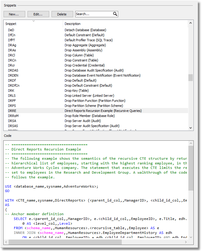 SSMS template as SQL Code Snippets in SQL Prompt