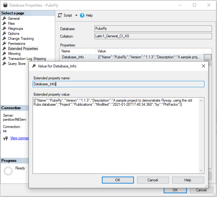 Viewing the Extended Property containing the database version, in SSMS
