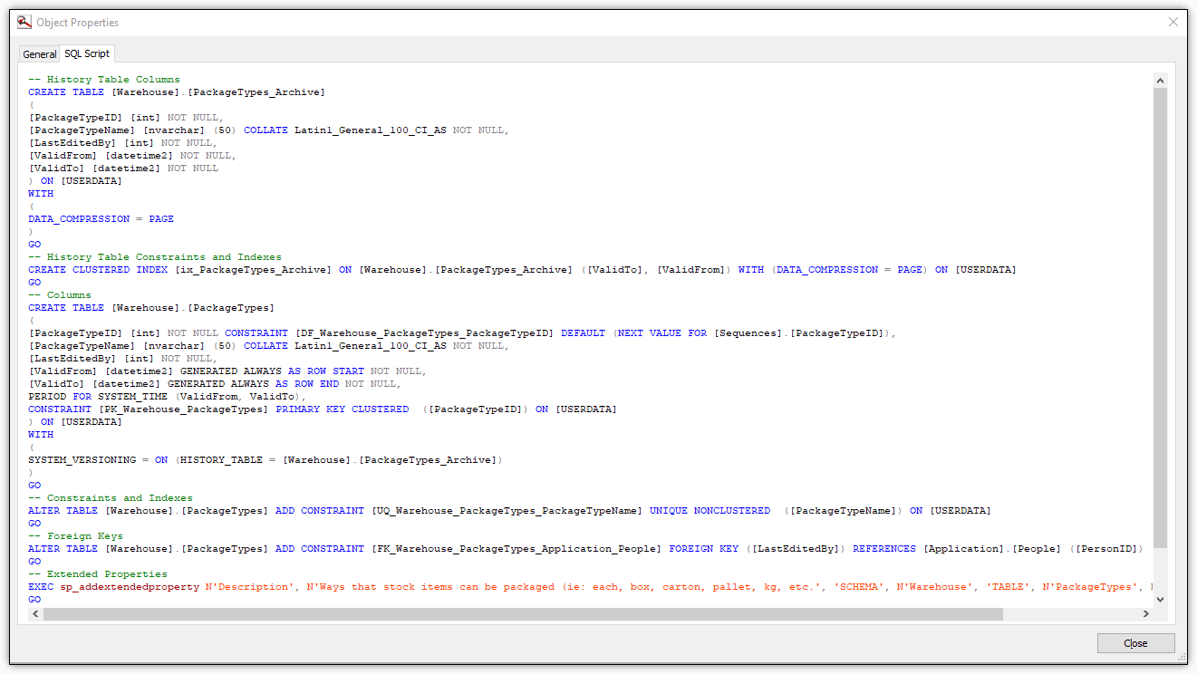 viewing an object creation script for a table