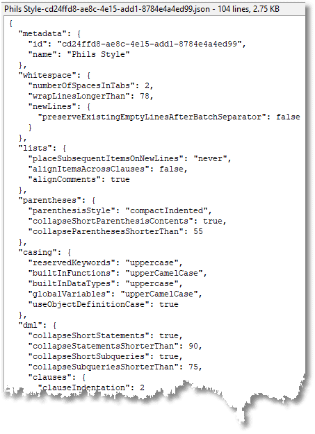A SQL style file in the JSON format