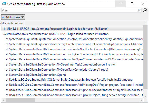 The contents of a log in grid view