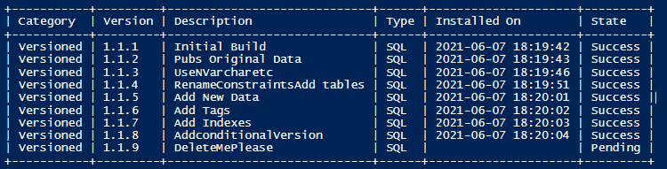 Output of the flyway info command showing the "pending" migration, which was rolled back.