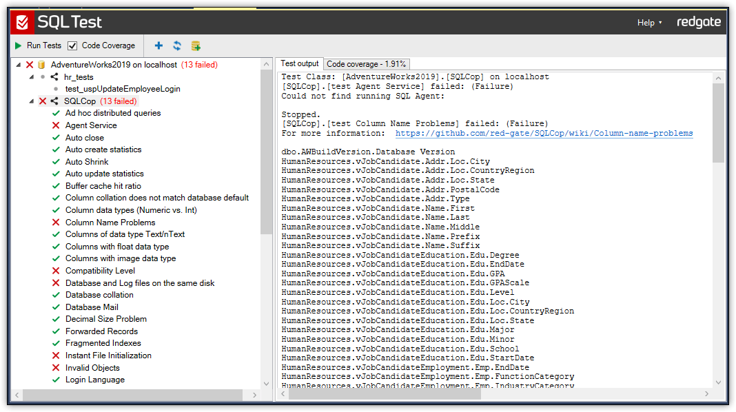 Running SQLCop static analysis tests