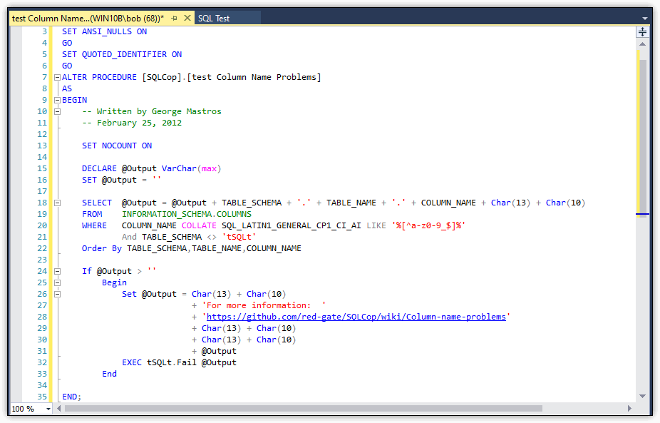 The code for the test Column Name Problems test