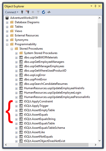The tSQLt schema objects in SSMS Object Explorer