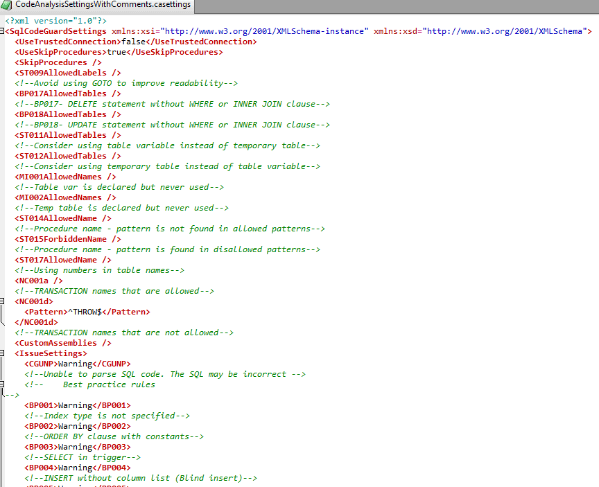 documented sql code analysis settings