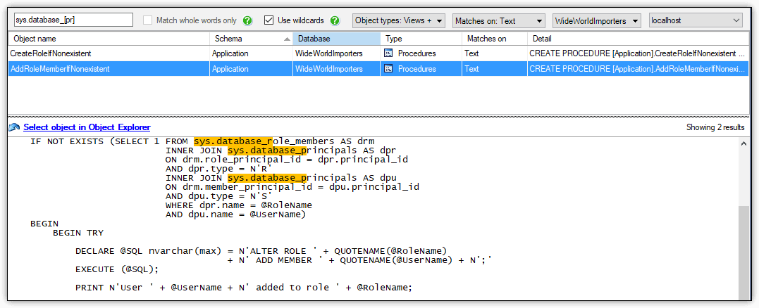 Find objects that reference system catalog views