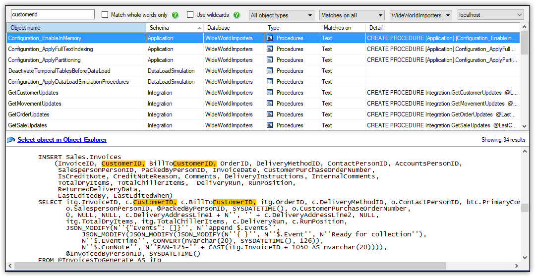 Viewing SQL Search results