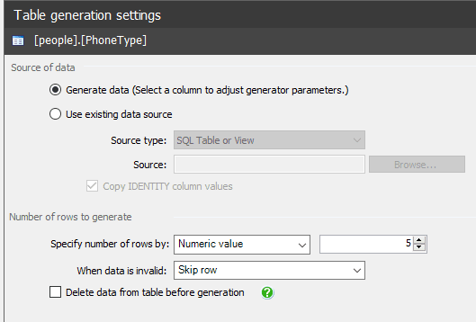 table generation settings