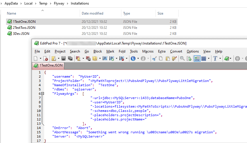 Config details for each database stored in JSON docs