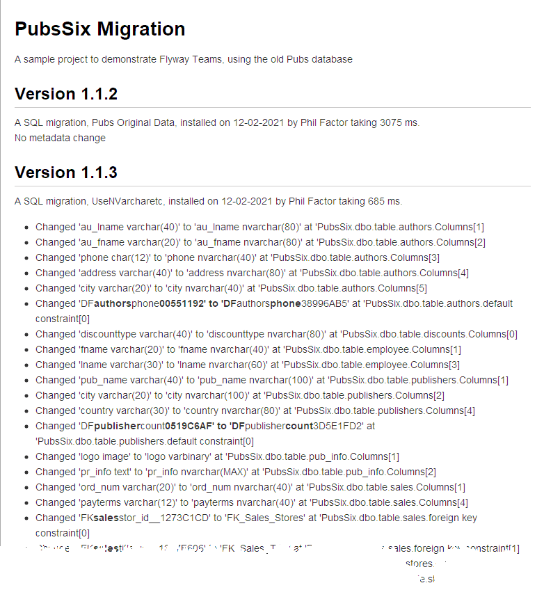 Summary report of changes across all database versions