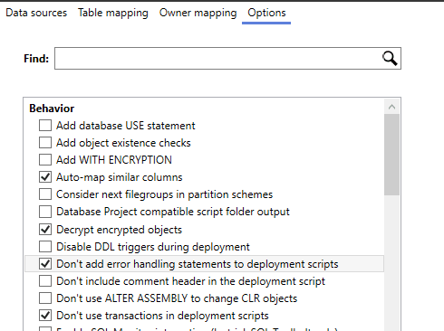 SQL Compare options