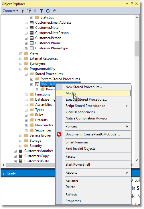 modify a stored procedure in SSMS object explorer