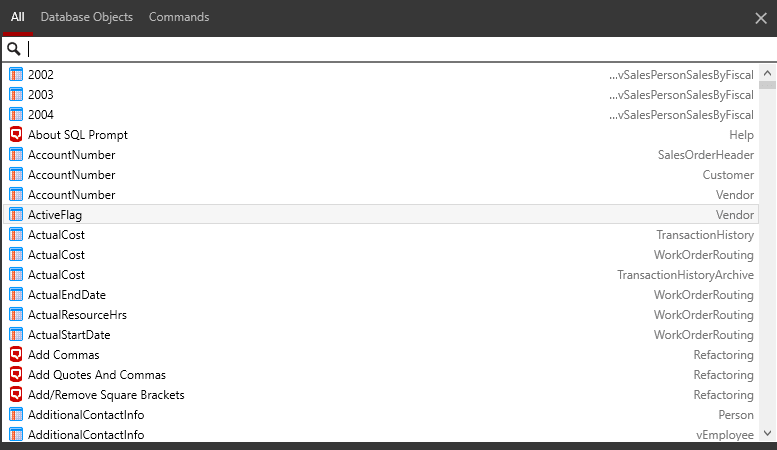 SQL Prompt command palette