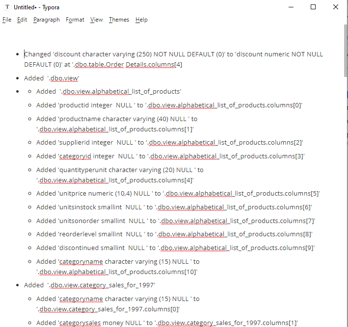 narrative of changes between database versions