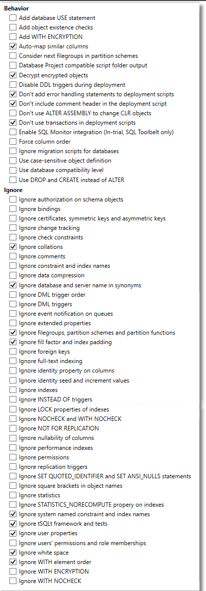 Setting SQL compare options for Flyway-compatibility