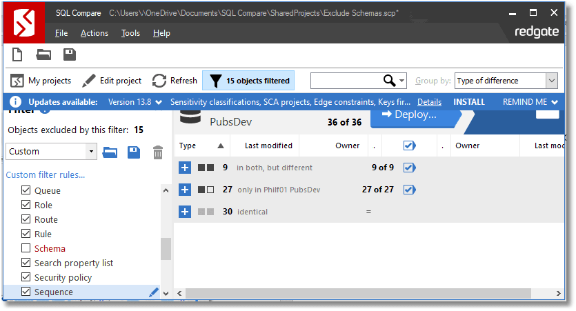 Setting up a SQL Compare filter