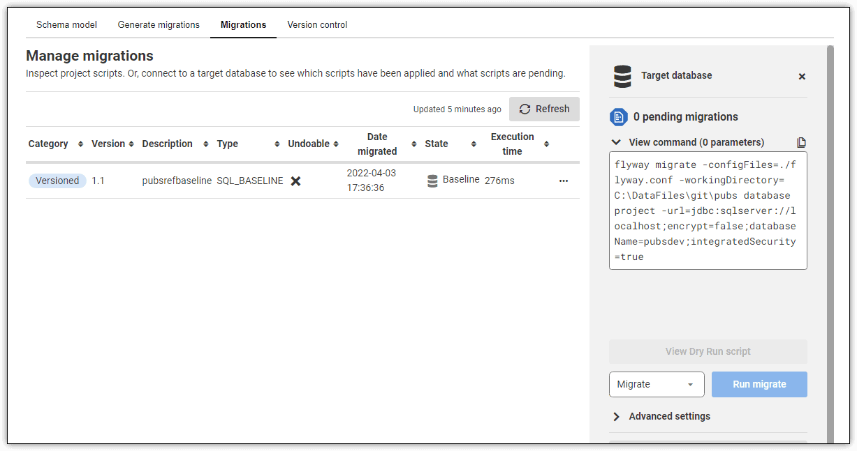 baseline migration applied to development database