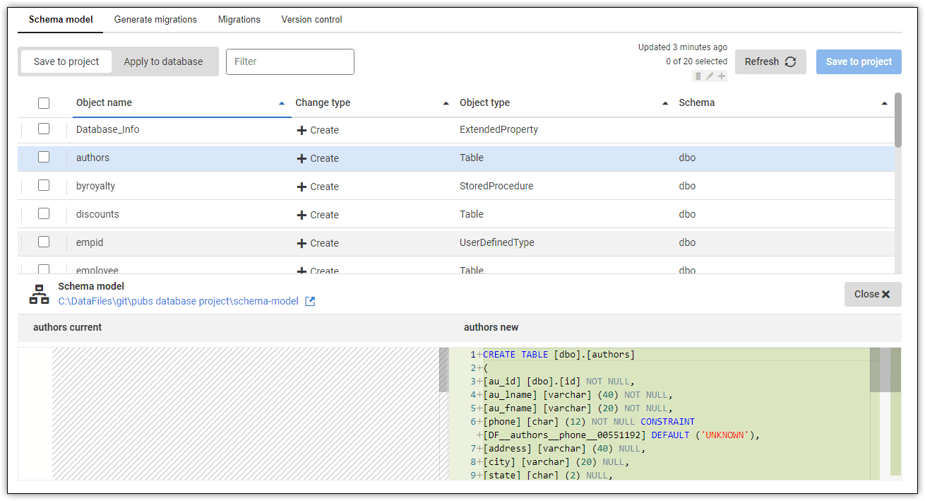 change to development database not yet saved to schema model