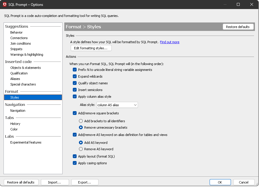 SQL Prompt formatting syles