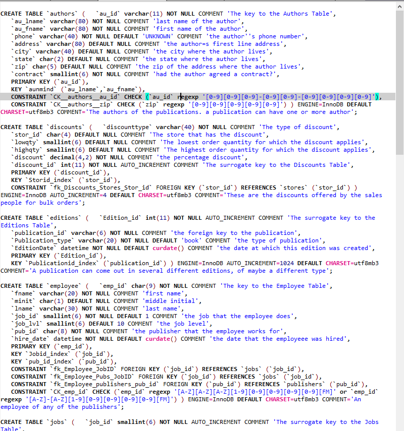 table build script for MySQL