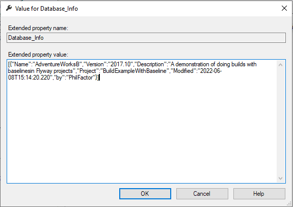 Adding the flyway database version to an extended property in SQL Server