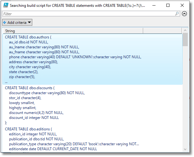 Searching a database build script for CREATE TABLE statements