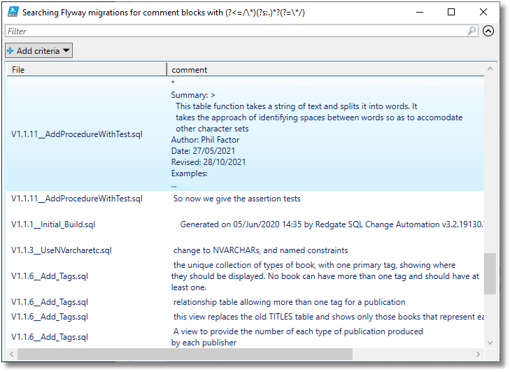 Searching Flyway migration scripts for comment blocks