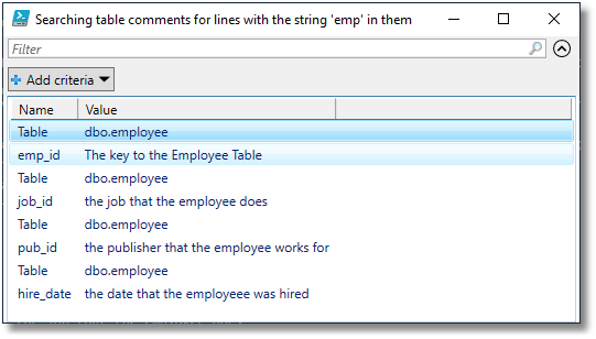 Searching table comments for a string