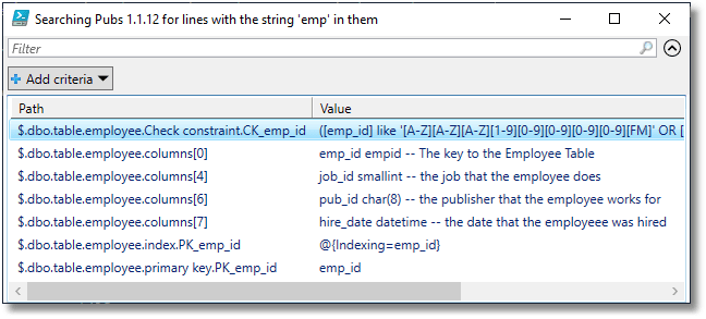 Searching the Flyway database model for a string
