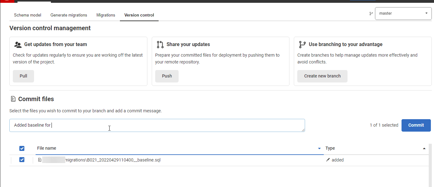 commit new baseline migration script