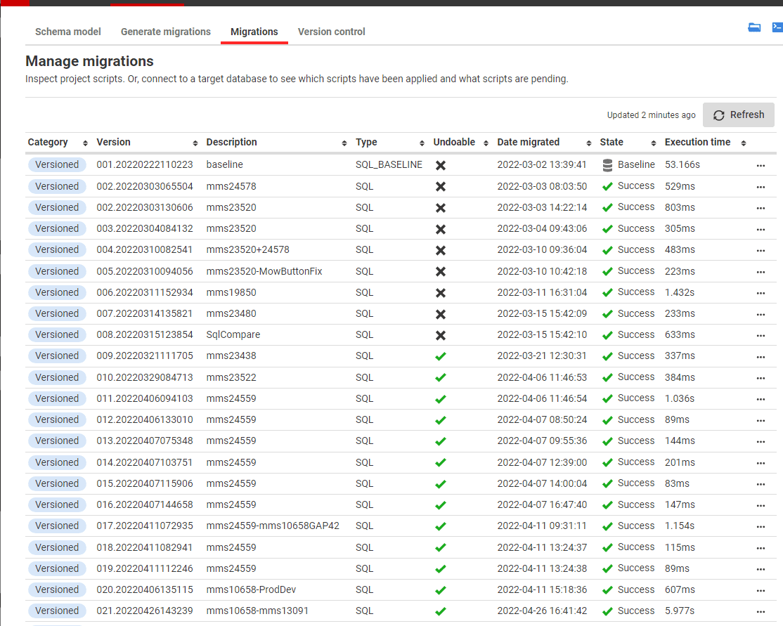 existing databases still use initial baseline and subsequent migrations