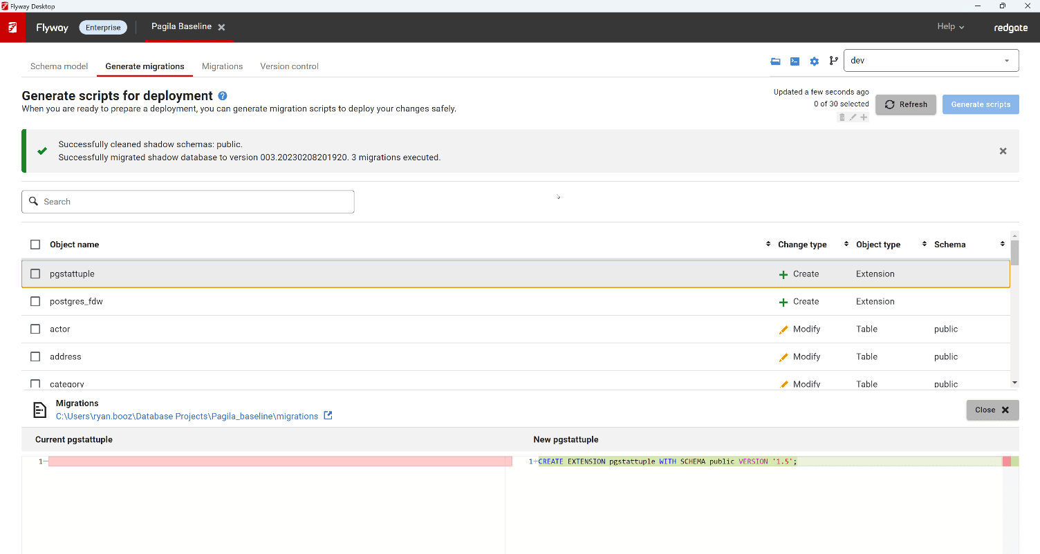 Flyway Desktop generating scripts for PostgreSQL
