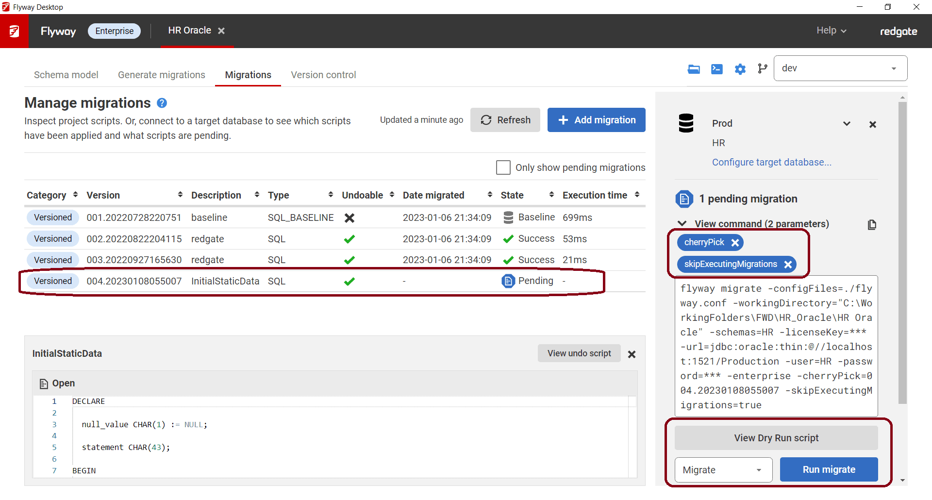 flyway migrate with cherrypick and skipExecutingMigrations parameters